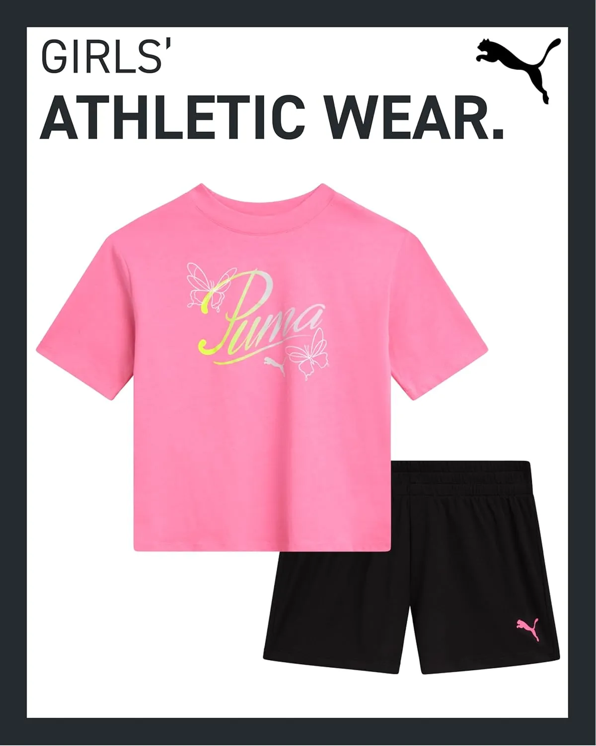 PUMA Girls' Active Shorts Set - 2 Piece Performance T-Shirt and Gym Shorts or Bike Shorts - Athletic Outfit for Girls (7-14)