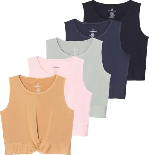 Real Essentials 5 Pack: Women's Dry-Fit Twist Front Knot Sleeveless Crop Tank Top - Dance Workout Athletic Yoga Cropped Top