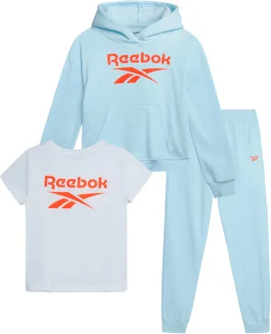 Reebok Girls' Activewear Set - 3 Piece Stylish Graphic T-Shirt, Fleece Pullover Hoodie, and Jogger Sweatpants (Size: 4-12)