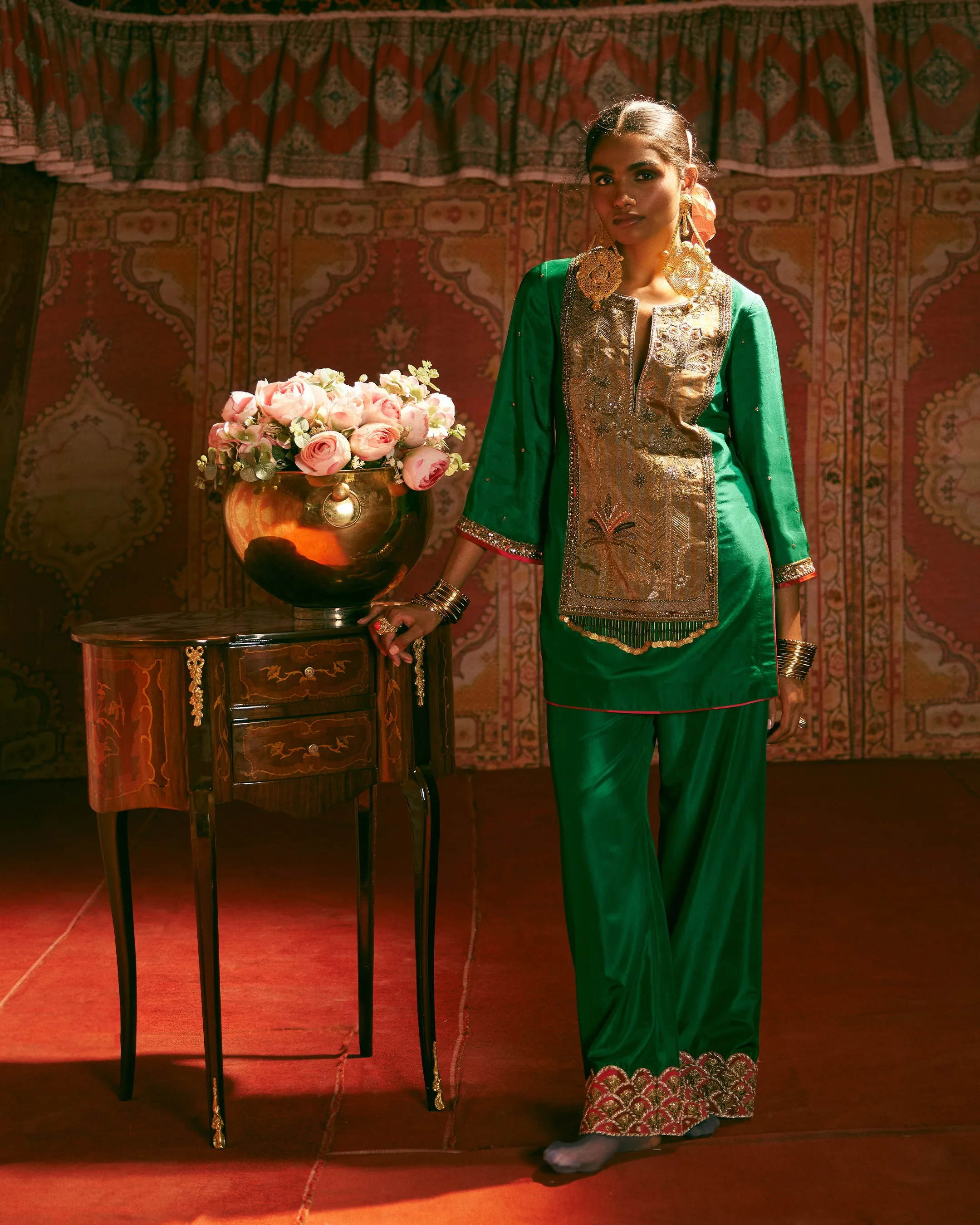 Reejh Green Silk Antique Yoke Kurta Set