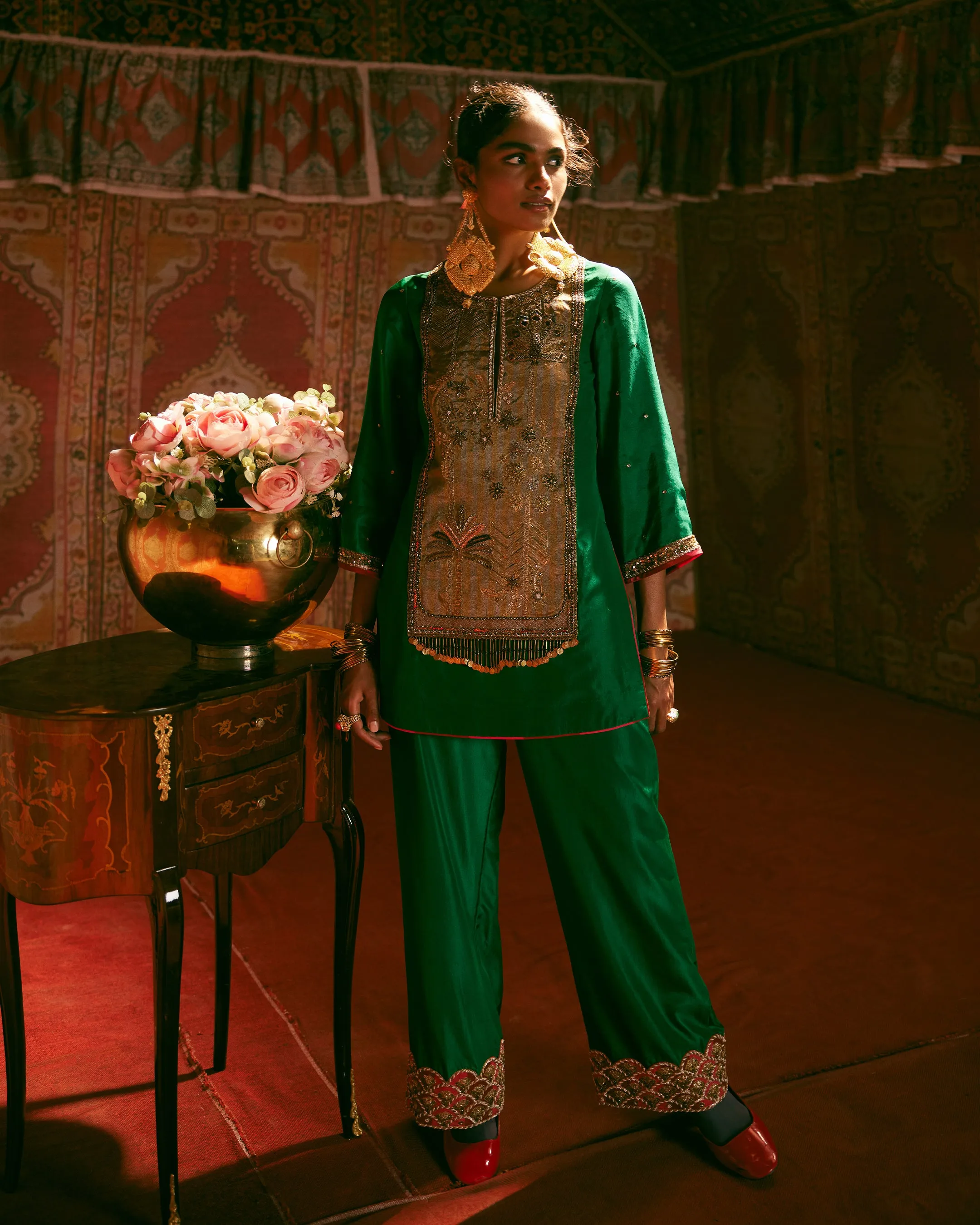 Reejh Green Silk Antique Yoke Kurta Set