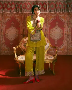 Reejh Lime Yellow Antique Yoke Velvet Kurta Set