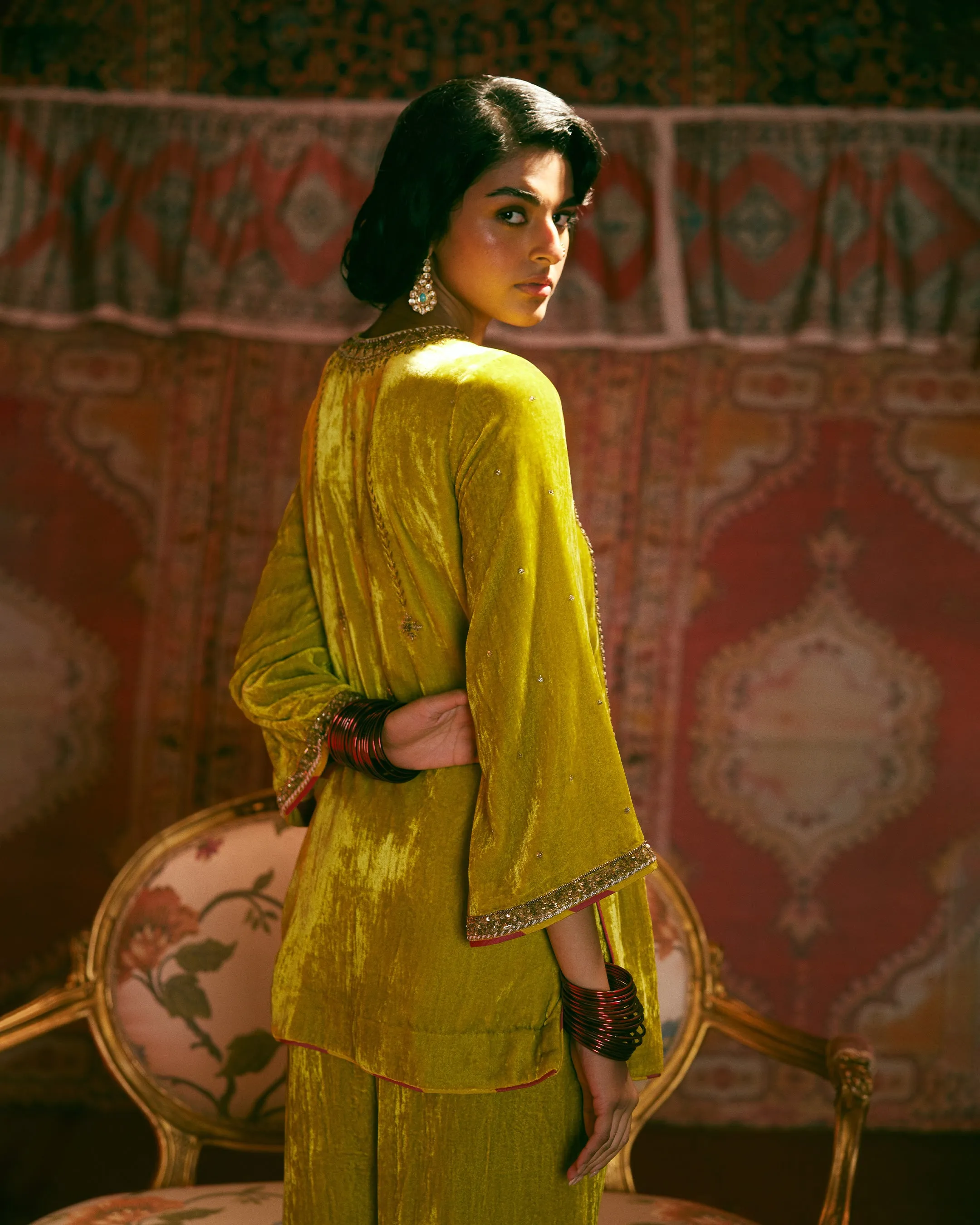 Reejh Lime Yellow Antique Yoke Velvet Kurta Set