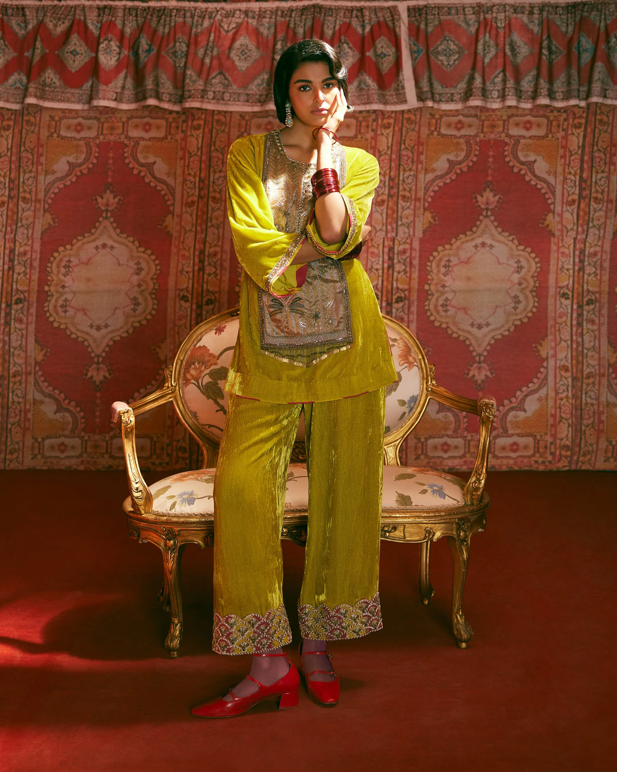 Reejh Lime Yellow Antique Yoke Velvet Kurta Set