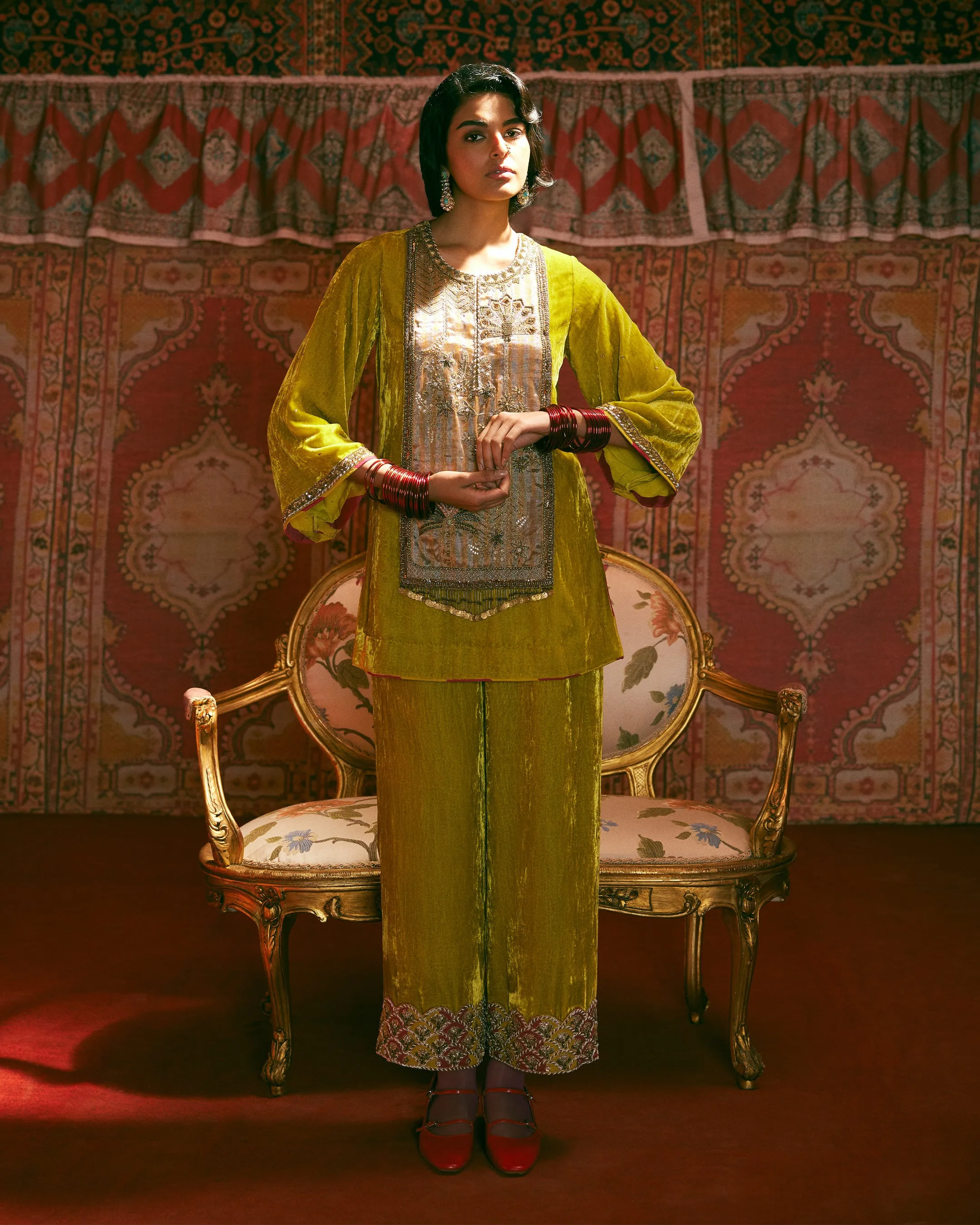 Reejh Lime Yellow Antique Yoke Velvet Kurta Set