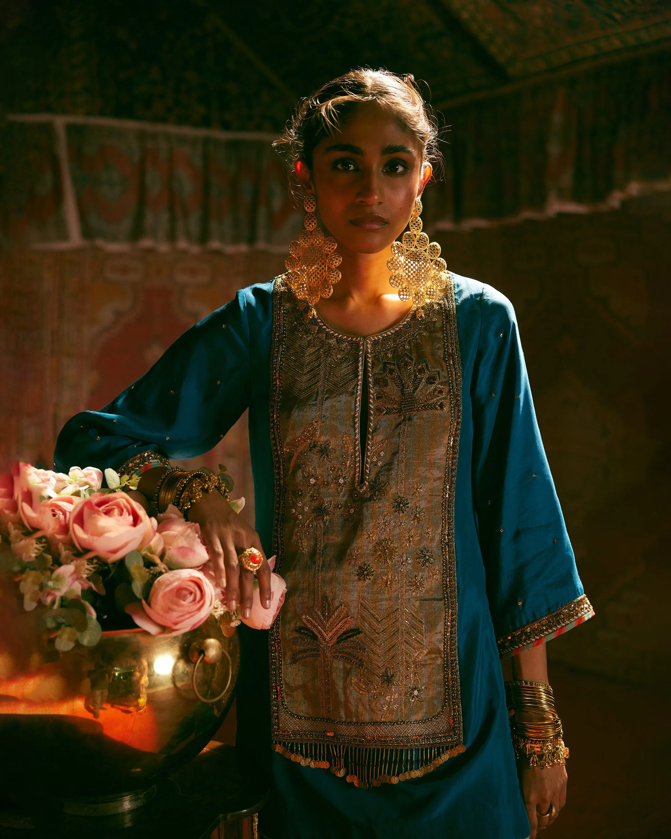 Reejh Teal Silk Antique Yoke Kurta Set