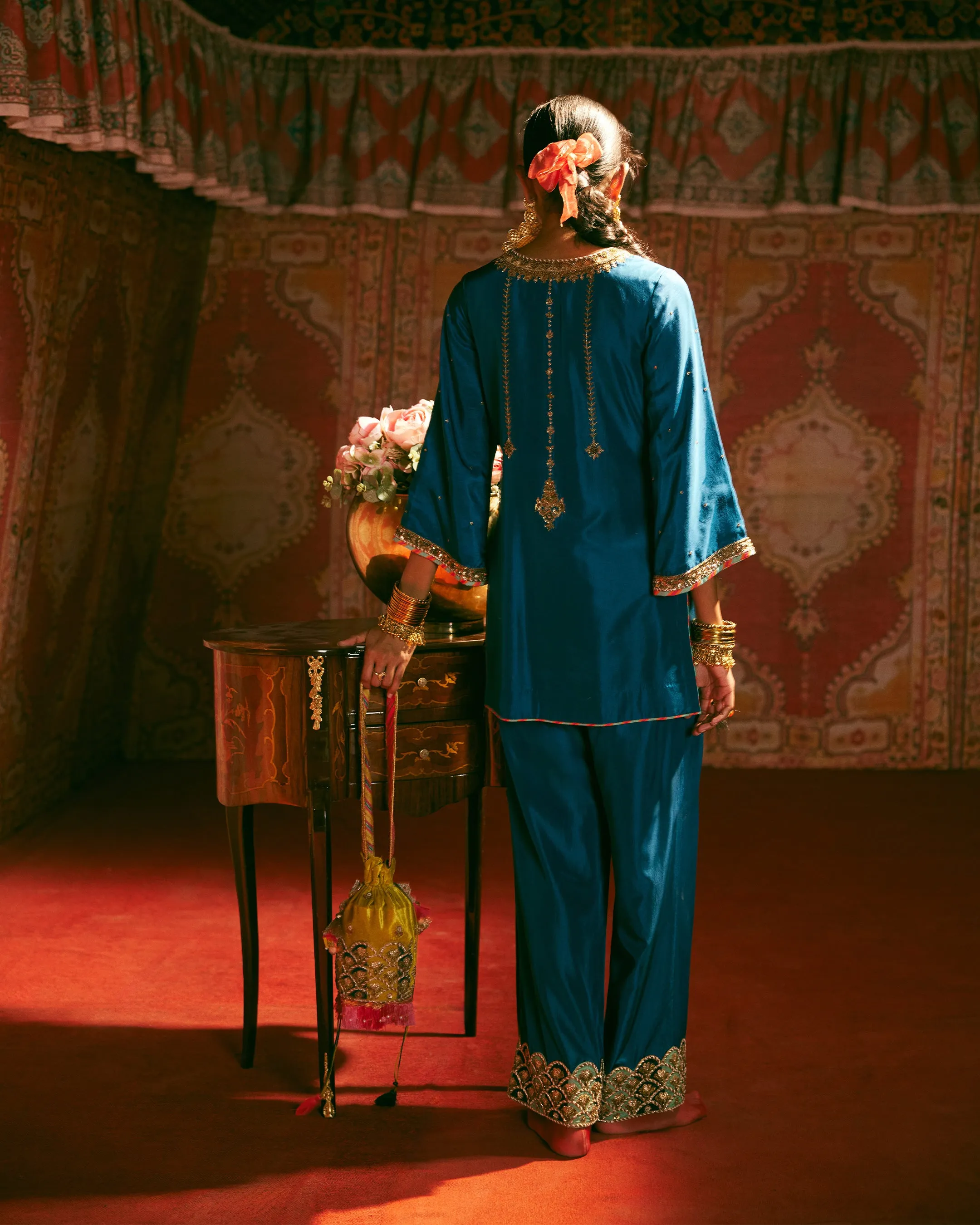 Reejh Teal Silk Antique Yoke Kurta Set