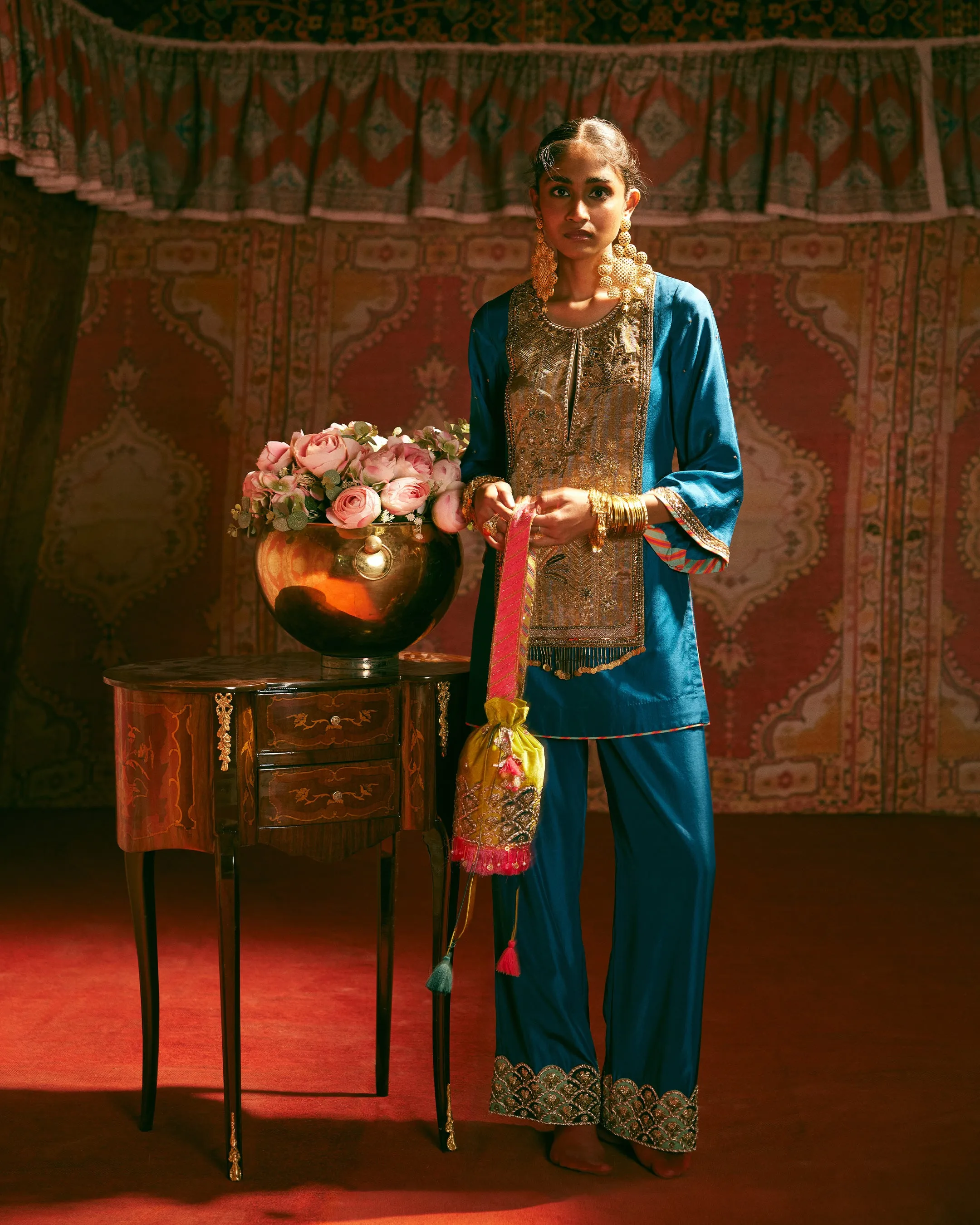 Reejh Teal Silk Antique Yoke Kurta Set