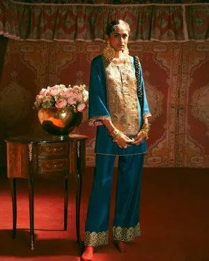 Reejh Teal Silk Antique Yoke Kurta Set