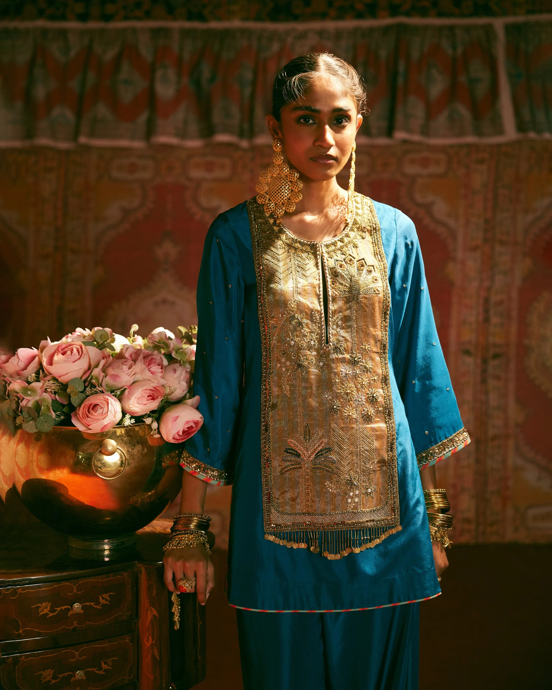 Reejh Teal Silk Antique Yoke Kurta Set