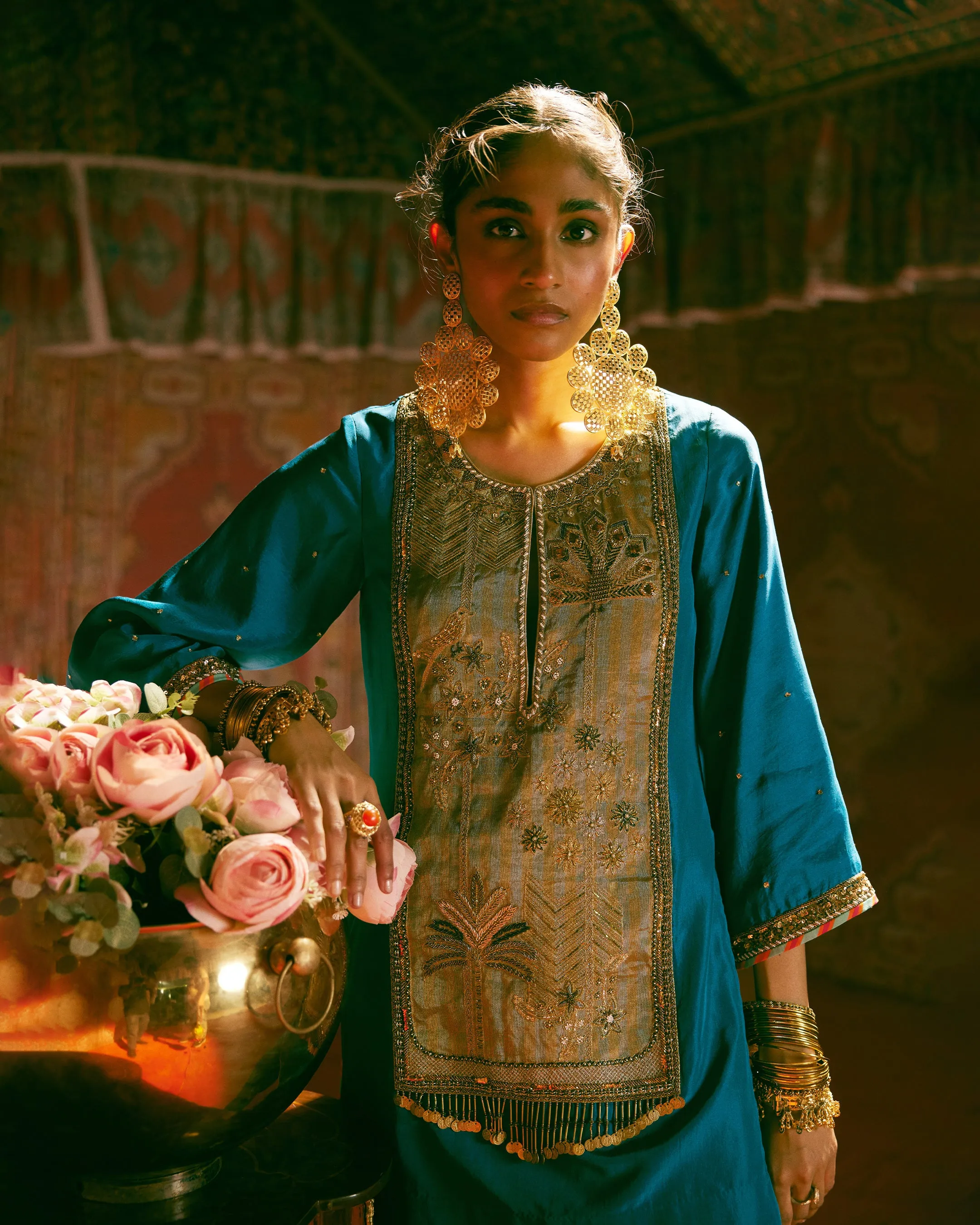 Reejh Teal Silk Antique Yoke Kurta Set