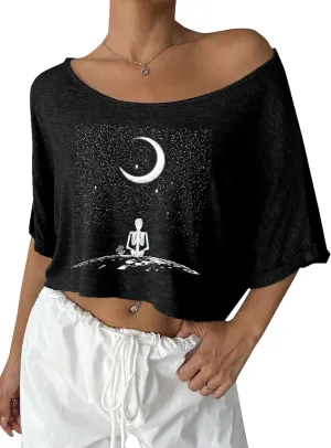 Remidoo Womens Off The Shoulder Short Sleeve Crop Top Asymmetrical Neck Loose Tshirt