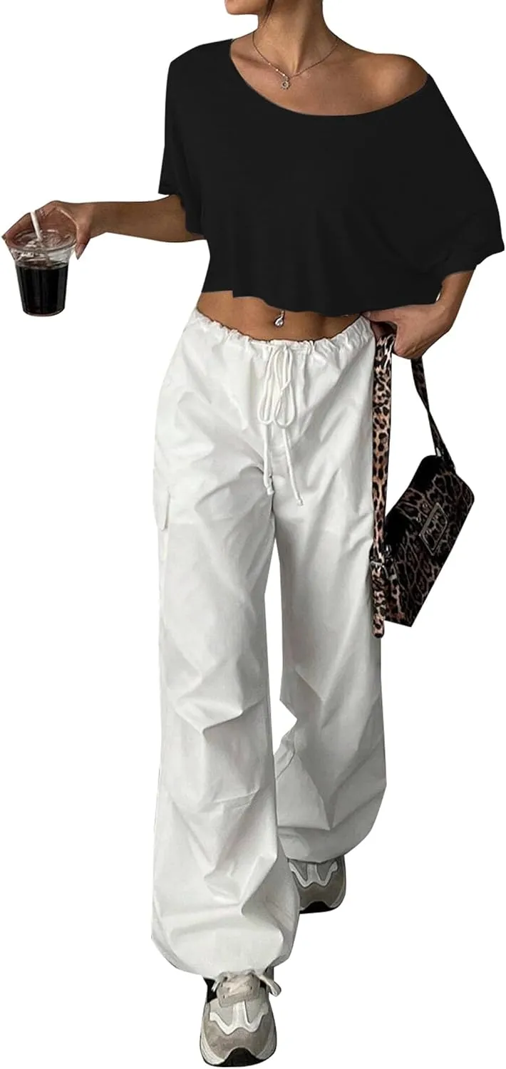 Remidoo Womens Off The Shoulder Short Sleeve Crop Top Asymmetrical Neck Loose Tshirt