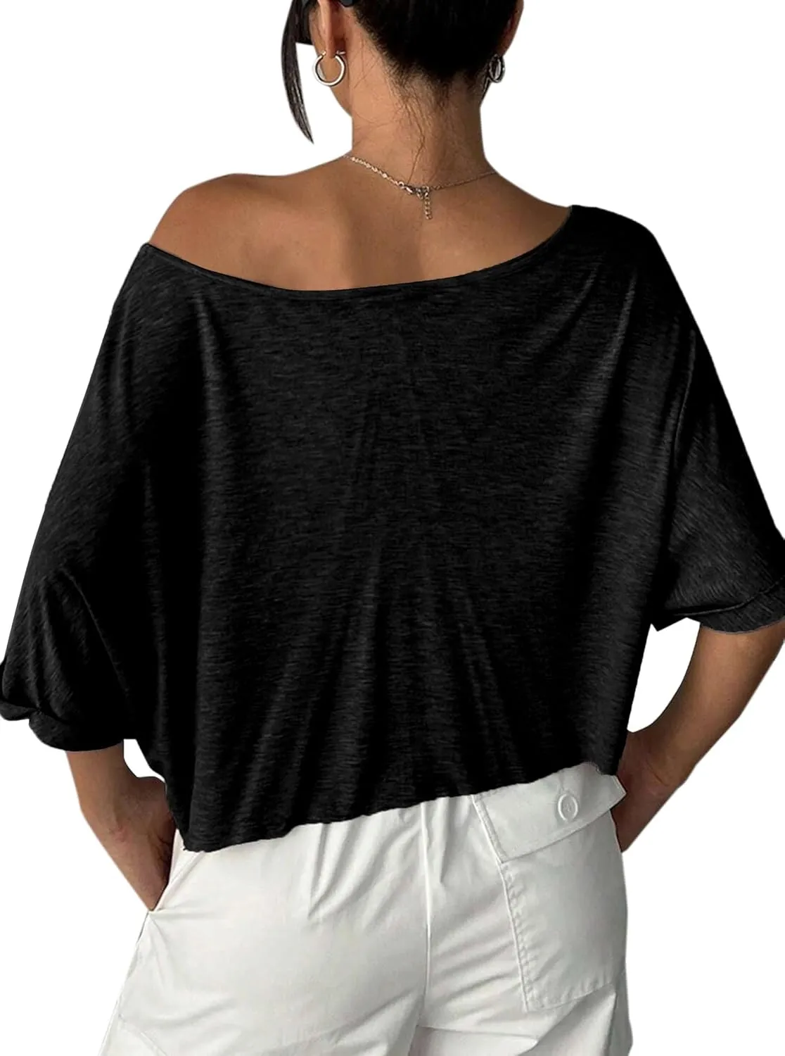 Remidoo Womens Off The Shoulder Short Sleeve Crop Top Asymmetrical Neck Loose Tshirt