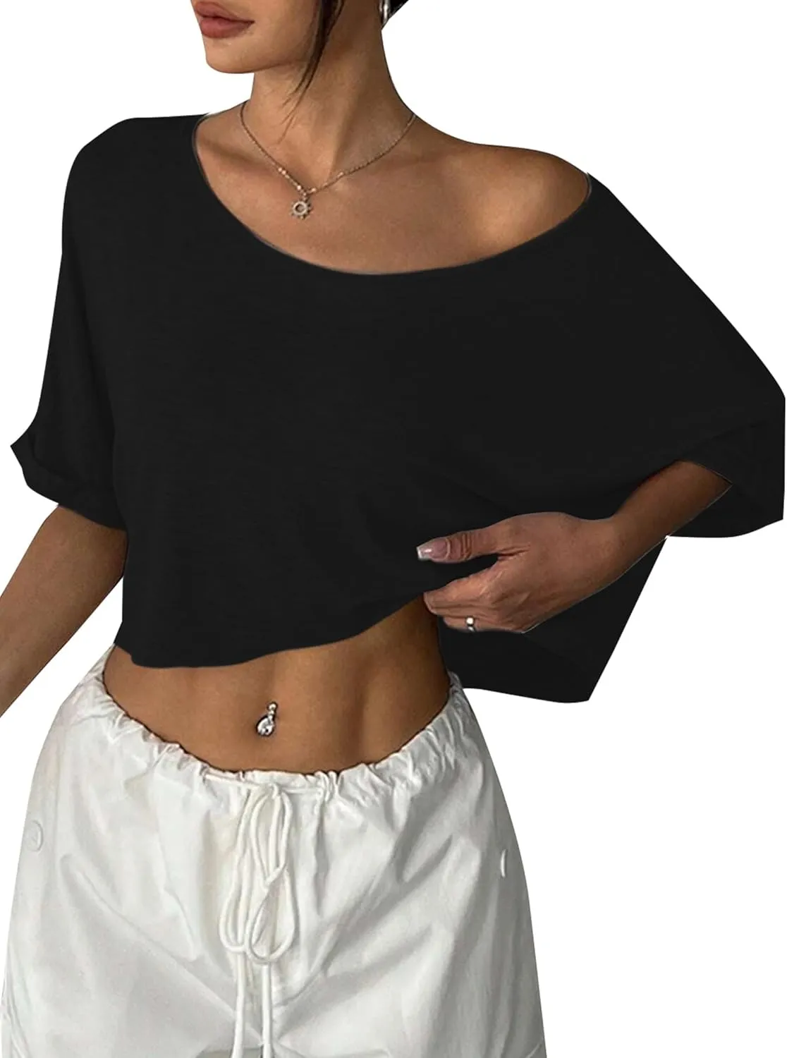 Remidoo Womens Off The Shoulder Short Sleeve Crop Top Asymmetrical Neck Loose Tshirt