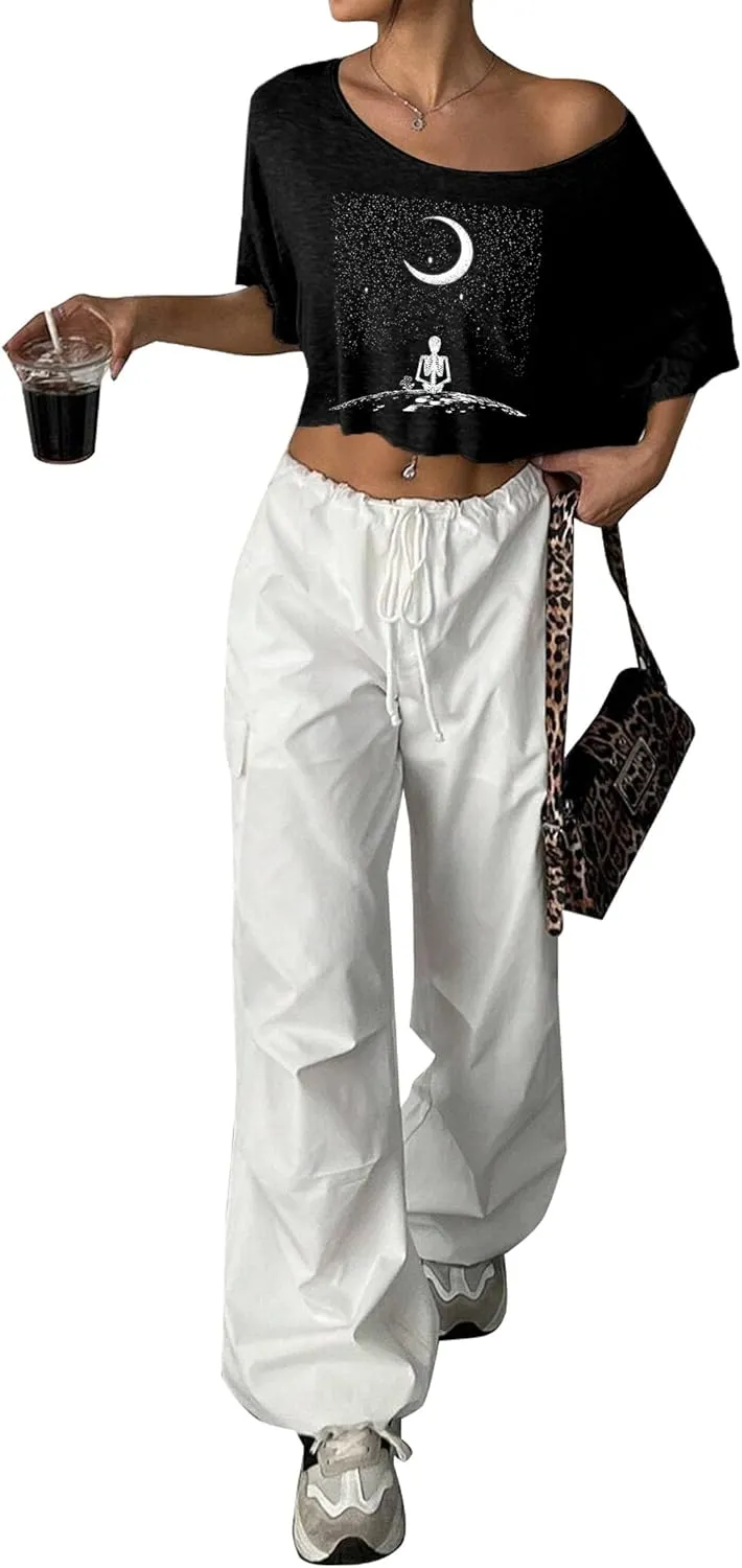 Remidoo Womens Off The Shoulder Short Sleeve Crop Top Asymmetrical Neck Loose Tshirt
