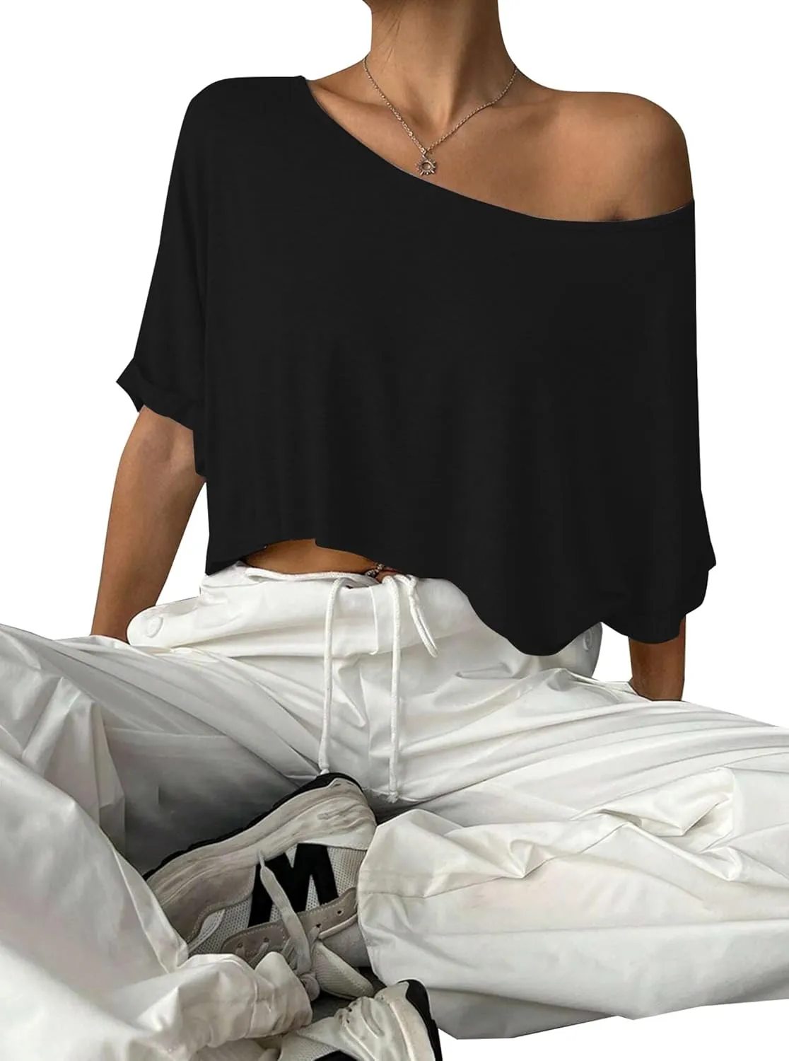 Remidoo Womens Off The Shoulder Short Sleeve Crop Top Asymmetrical Neck Loose Tshirt