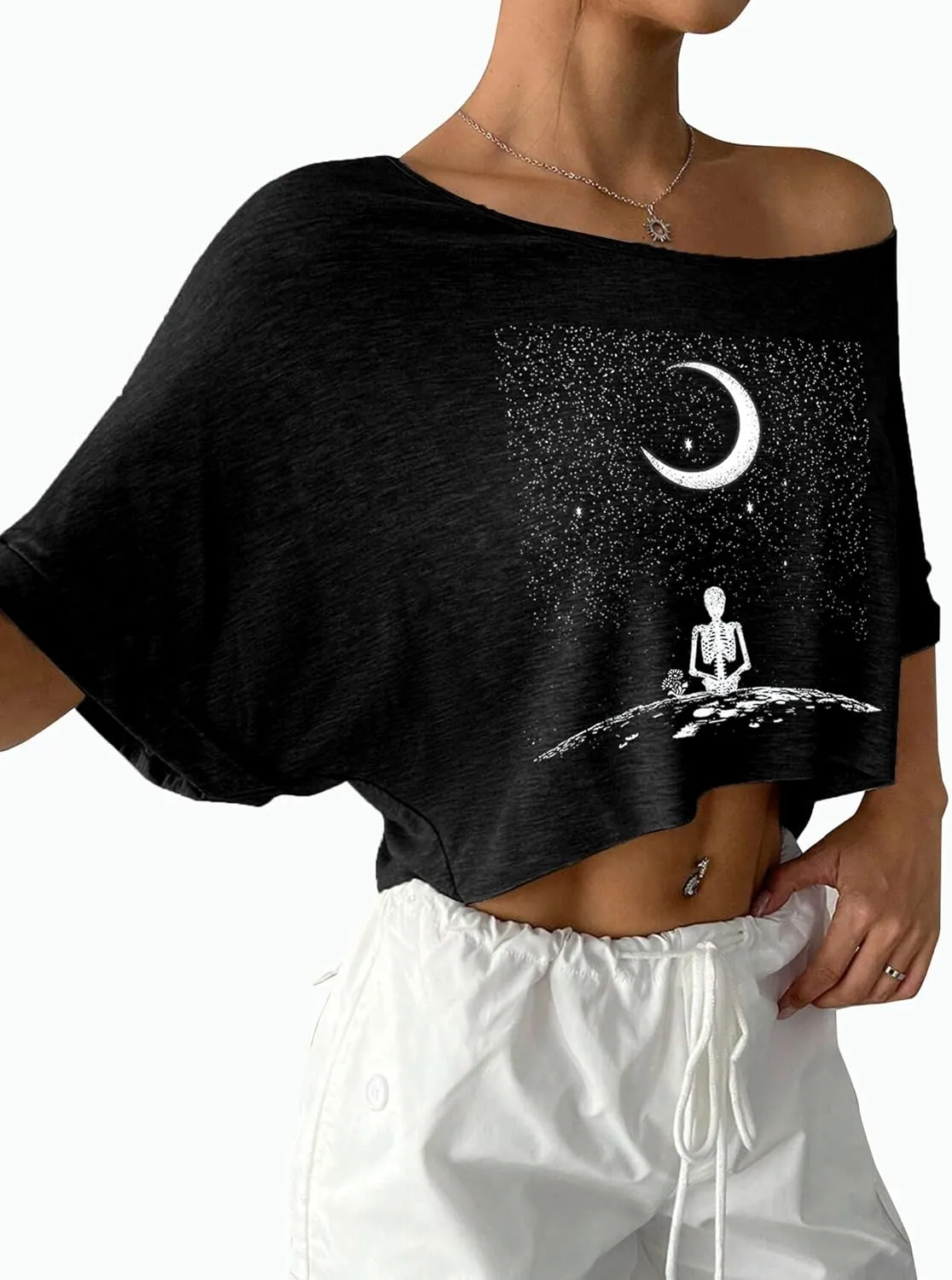Remidoo Womens Off The Shoulder Short Sleeve Crop Top Asymmetrical Neck Loose Tshirt