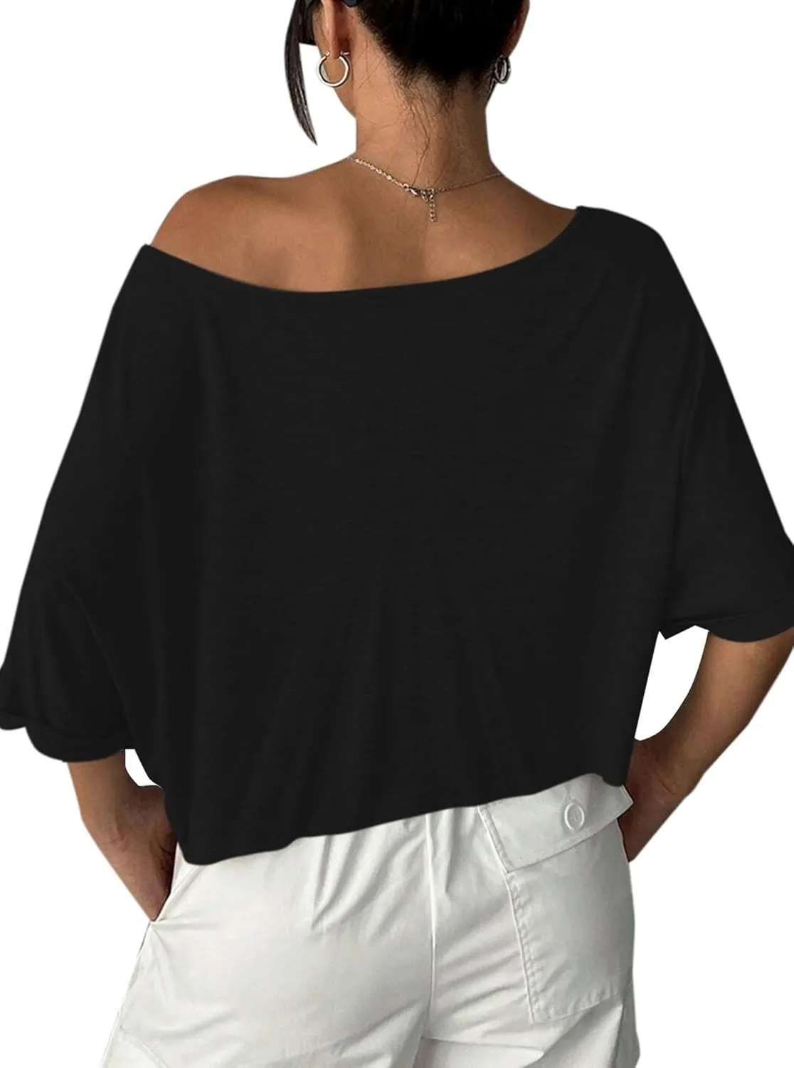 Remidoo Womens Off The Shoulder Short Sleeve Crop Top Asymmetrical Neck Loose Tshirt