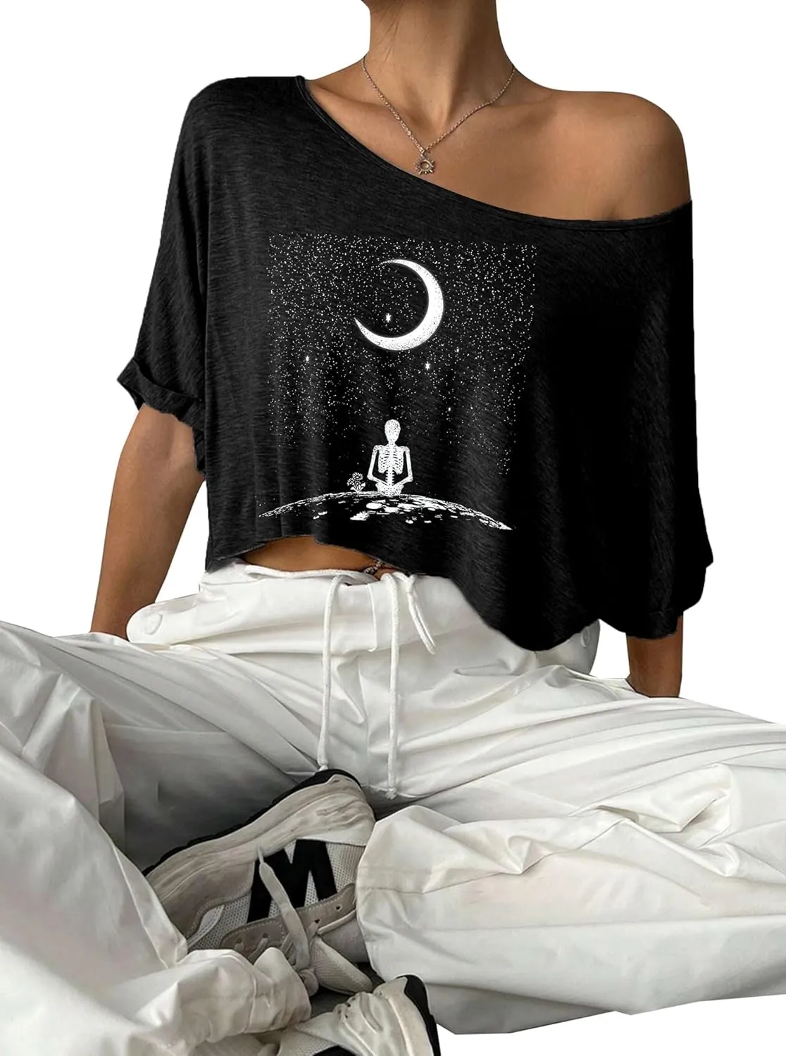 Remidoo Womens Off The Shoulder Short Sleeve Crop Top Asymmetrical Neck Loose Tshirt