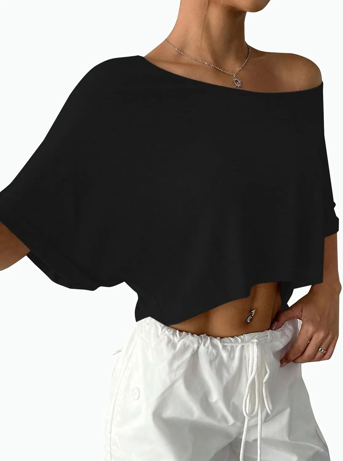 Remidoo Womens Off The Shoulder Short Sleeve Crop Top Asymmetrical Neck Loose Tshirt