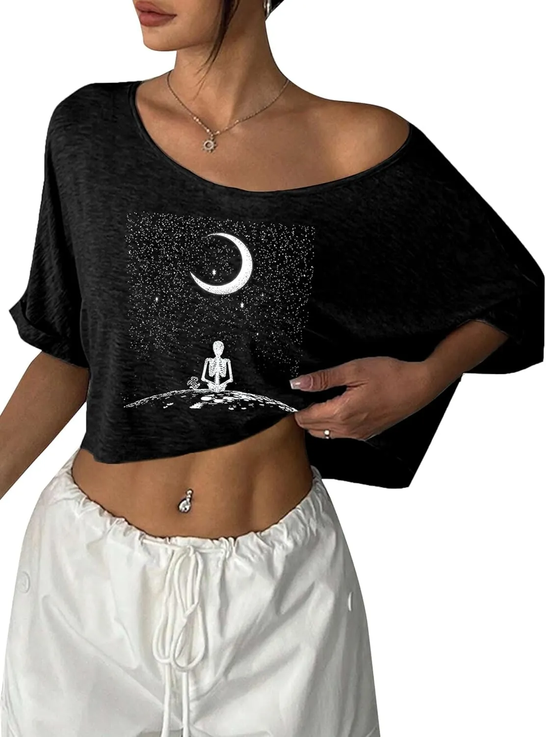 Remidoo Womens Off The Shoulder Short Sleeve Crop Top Asymmetrical Neck Loose Tshirt