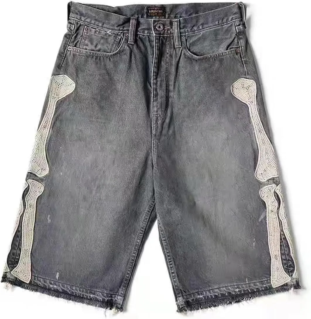Retro Denim Shorts Men's y2k Casual Embroidered Bone Denim Shorts Men's and Women's