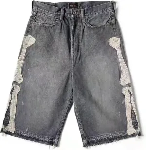 Retro Denim Shorts Men's y2k Casual Embroidered Bone Denim Shorts Men's and Women's