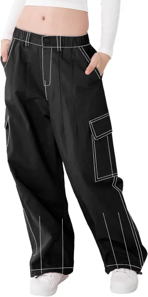 Rolanko Girls Cargo Pants Wide Leg Streetwear Kids Pants with Pockets Trendy Jogger Trousers 4-14 Years