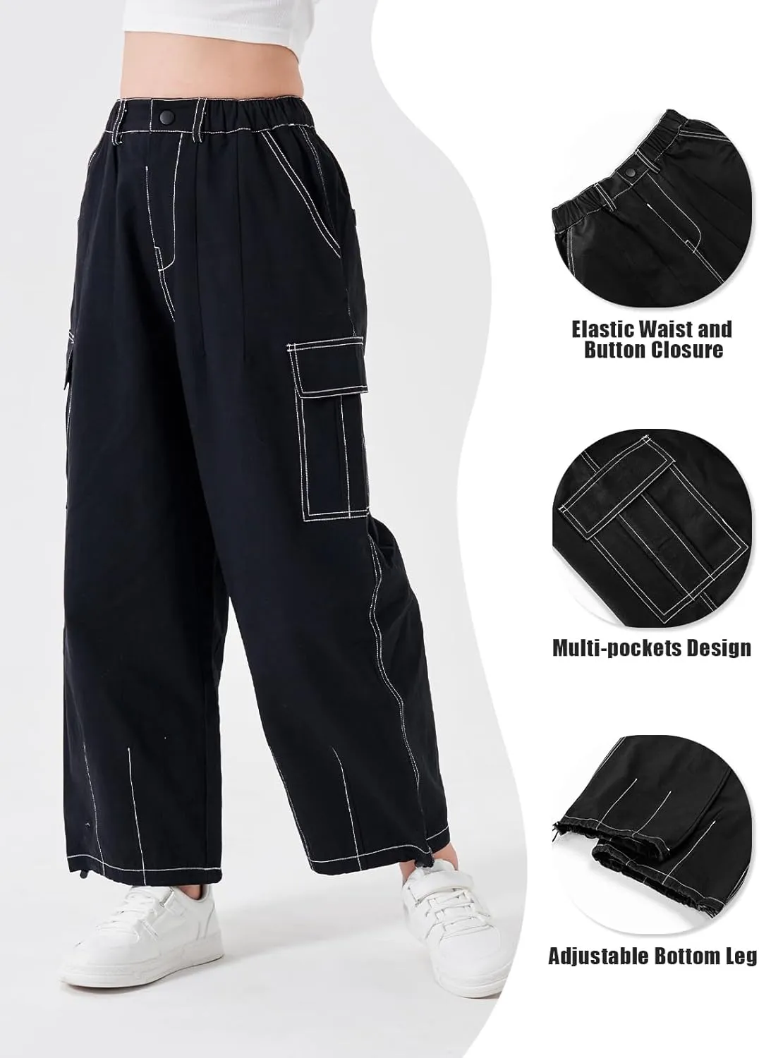 Rolanko Girls Cargo Pants Wide Leg Streetwear Kids Pants with Pockets Trendy Jogger Trousers 4-14 Years