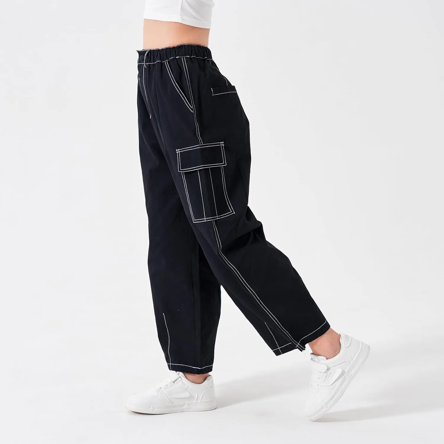 Rolanko Girls Cargo Pants Wide Leg Streetwear Kids Pants with Pockets Trendy Jogger Trousers 4-14 Years