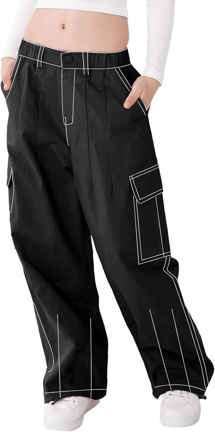 Rolanko Girls Cargo Pants Wide Leg Streetwear Kids Pants with Pockets Trendy Jogger Trousers 4-14 Years
