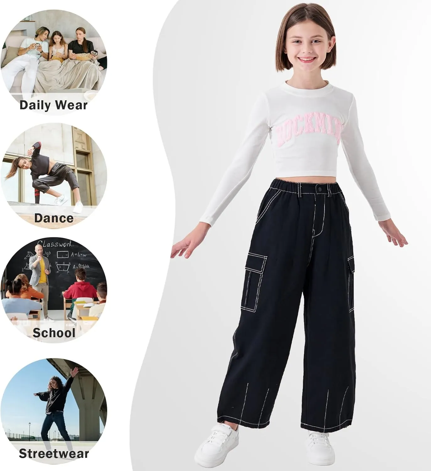 Rolanko Girls Cargo Pants Wide Leg Streetwear Kids Pants with Pockets Trendy Jogger Trousers 4-14 Years