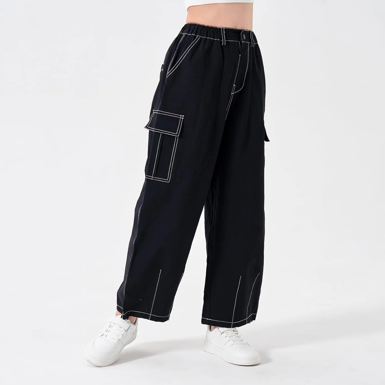 Rolanko Girls Cargo Pants Wide Leg Streetwear Kids Pants with Pockets Trendy Jogger Trousers 4-14 Years