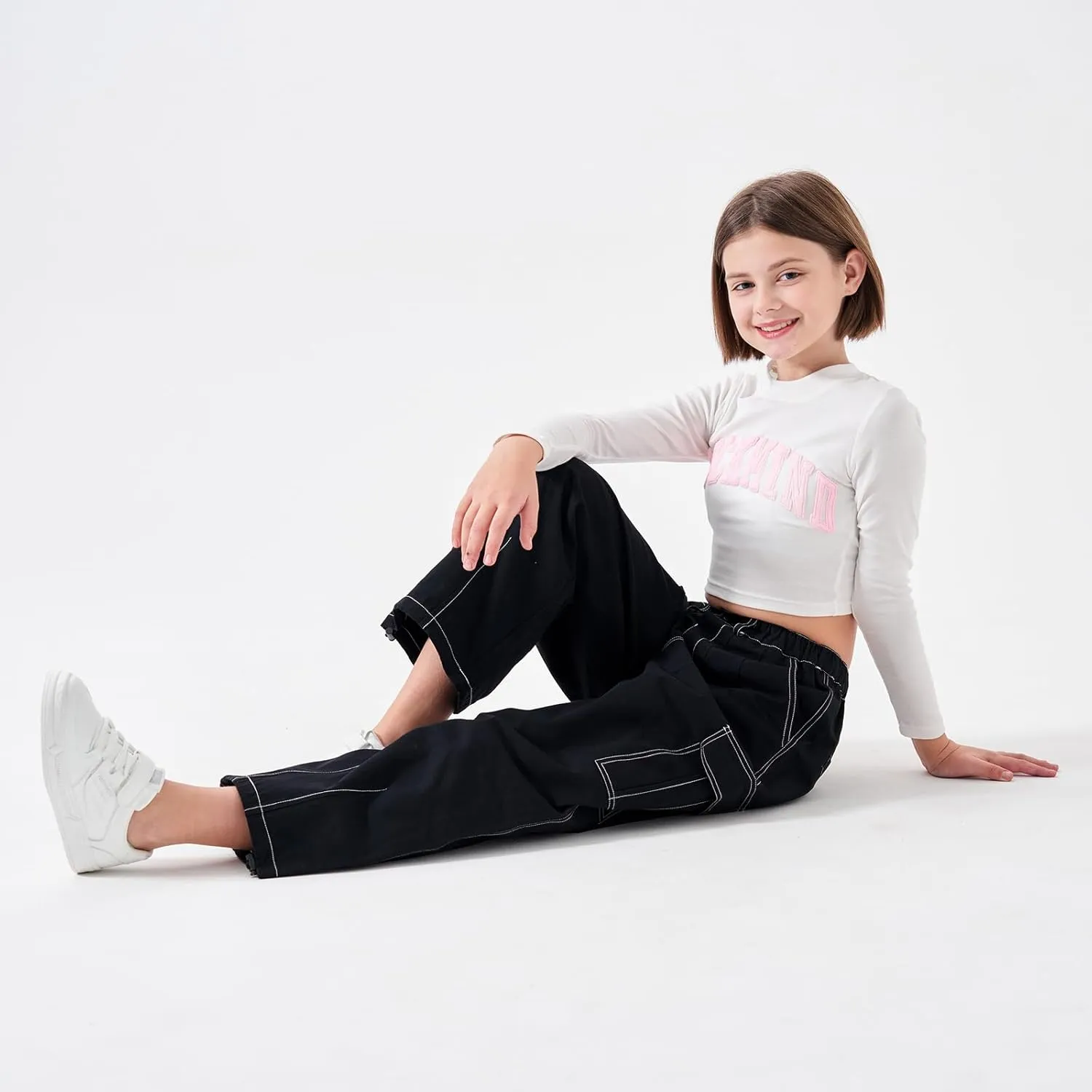 Rolanko Girls Cargo Pants Wide Leg Streetwear Kids Pants with Pockets Trendy Jogger Trousers 4-14 Years