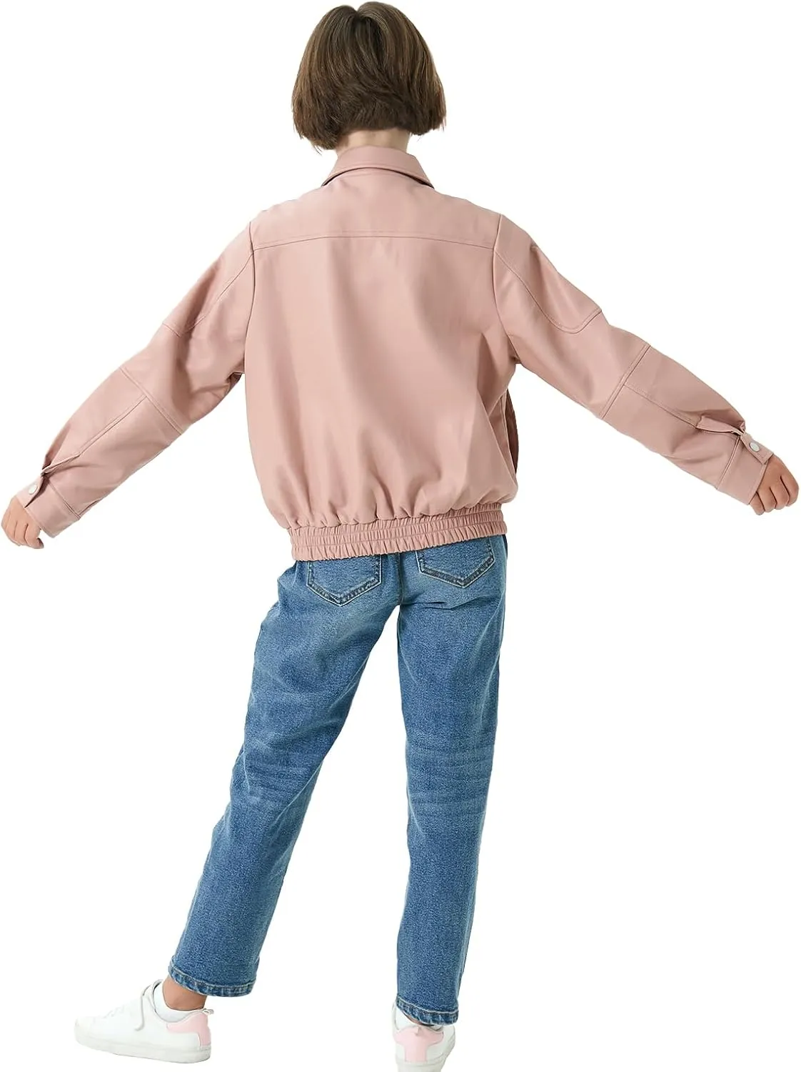 Rolanko Girls Faux Leather Jacket Kids Zip Up Motorcycle Biker Outerwear Coat Pleather Bomber Jacket with Pockets 5-15 Years