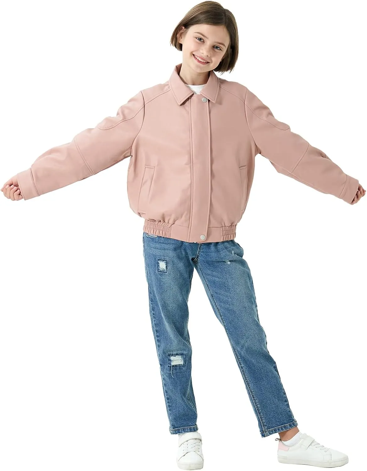 Rolanko Girls Faux Leather Jacket Kids Zip Up Motorcycle Biker Outerwear Coat Pleather Bomber Jacket with Pockets 5-15 Years