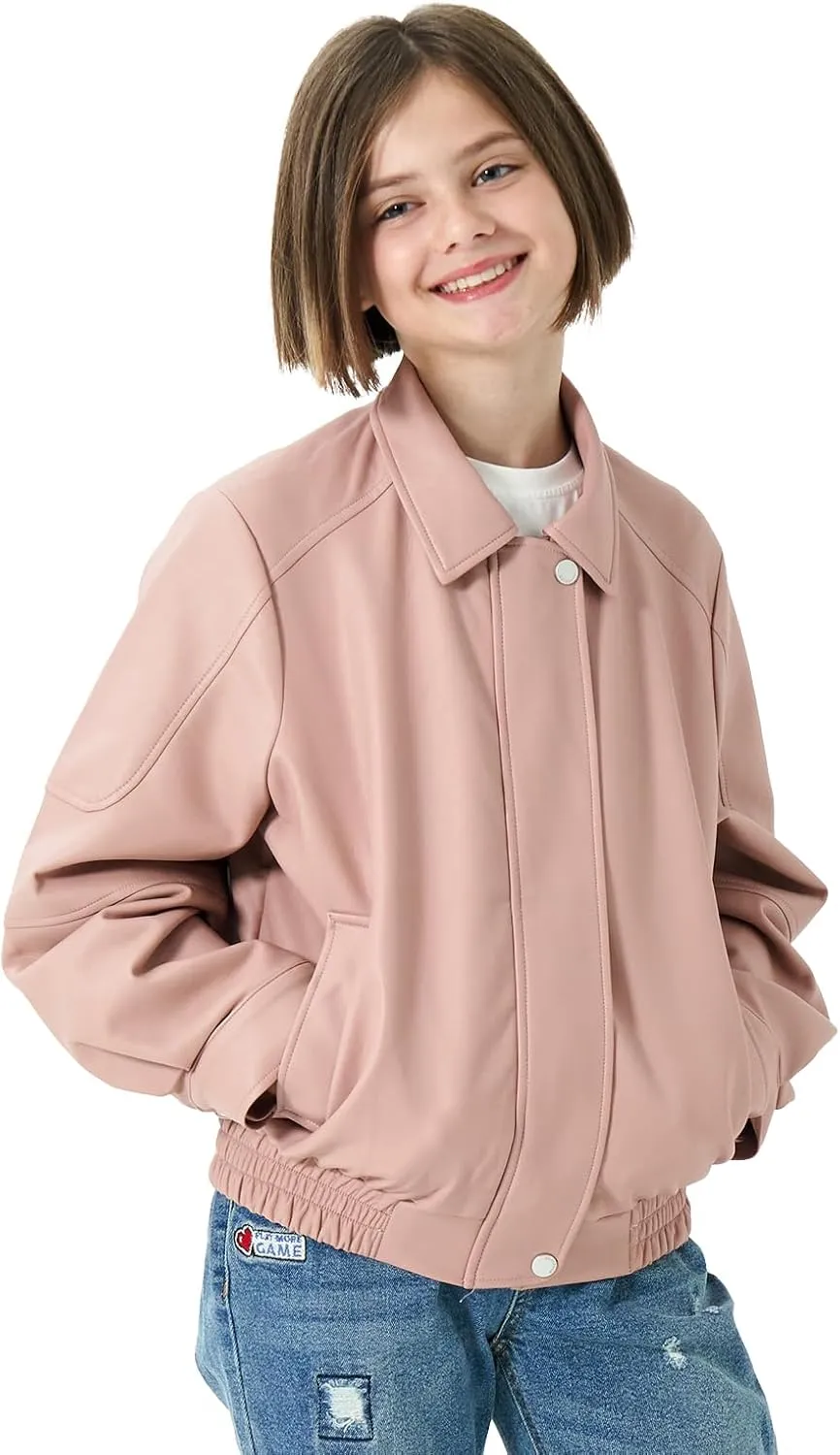 Rolanko Girls Faux Leather Jacket Kids Zip Up Motorcycle Biker Outerwear Coat Pleather Bomber Jacket with Pockets 5-15 Years