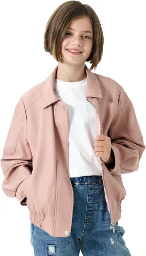 Rolanko Girls Faux Leather Jacket Kids Zip Up Motorcycle Biker Outerwear Coat Pleather Bomber Jacket with Pockets 5-15 Years
