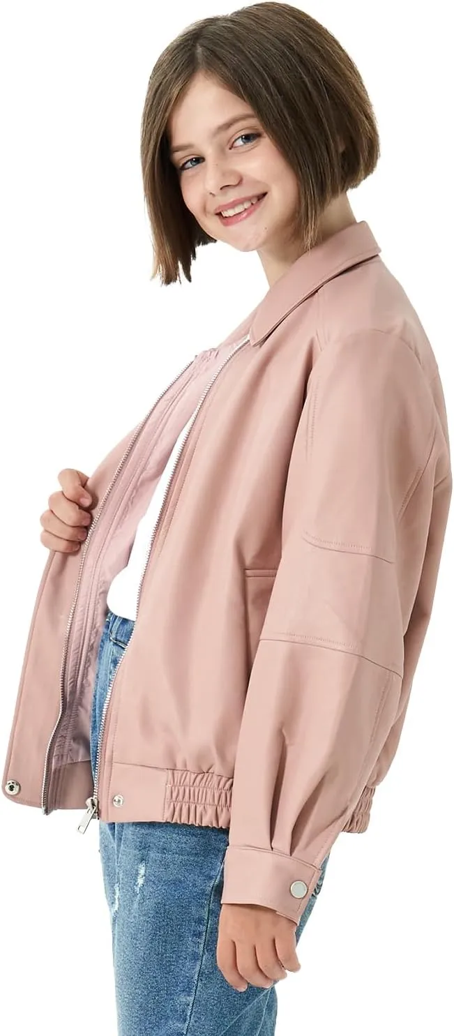 Rolanko Girls Faux Leather Jacket Kids Zip Up Motorcycle Biker Outerwear Coat Pleather Bomber Jacket with Pockets 5-15 Years