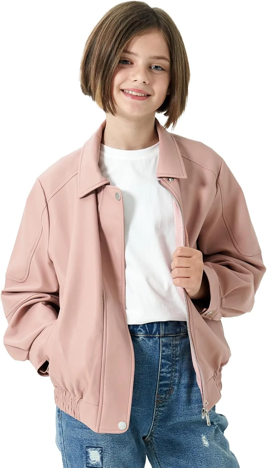 Rolanko Girls Faux Leather Jacket Kids Zip Up Motorcycle Biker Outerwear Coat Pleather Bomber Jacket with Pockets 5-15 Years