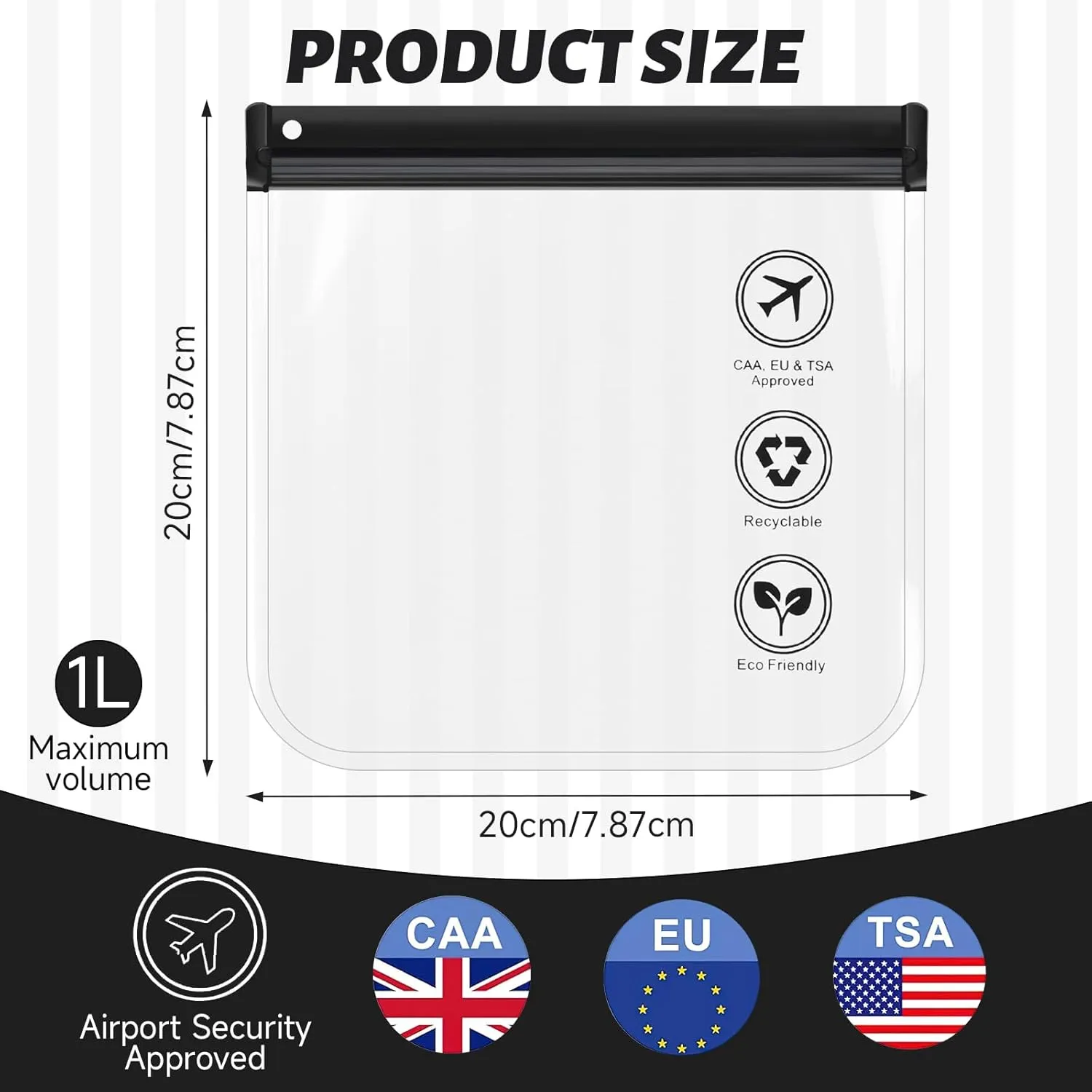 RONRONS Airport Security Liquids Bag 20X20cm Clear TSA Approved Security Toiletry Bag Hand Luggage Regulations Waterproof Liquids Wash Bags Travel Accessory Holiday Essential for Women/Men(4PCS Black)