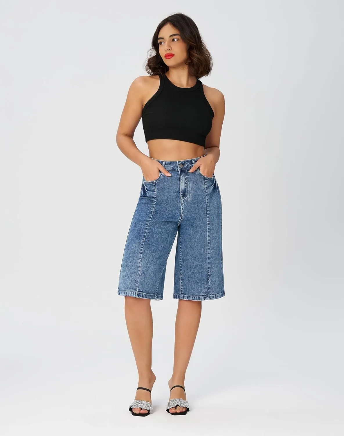 roswear Women's Baggy Jean Shorts High Waisted Stretchy Wide Leg Long Denim Bermuda Shorts