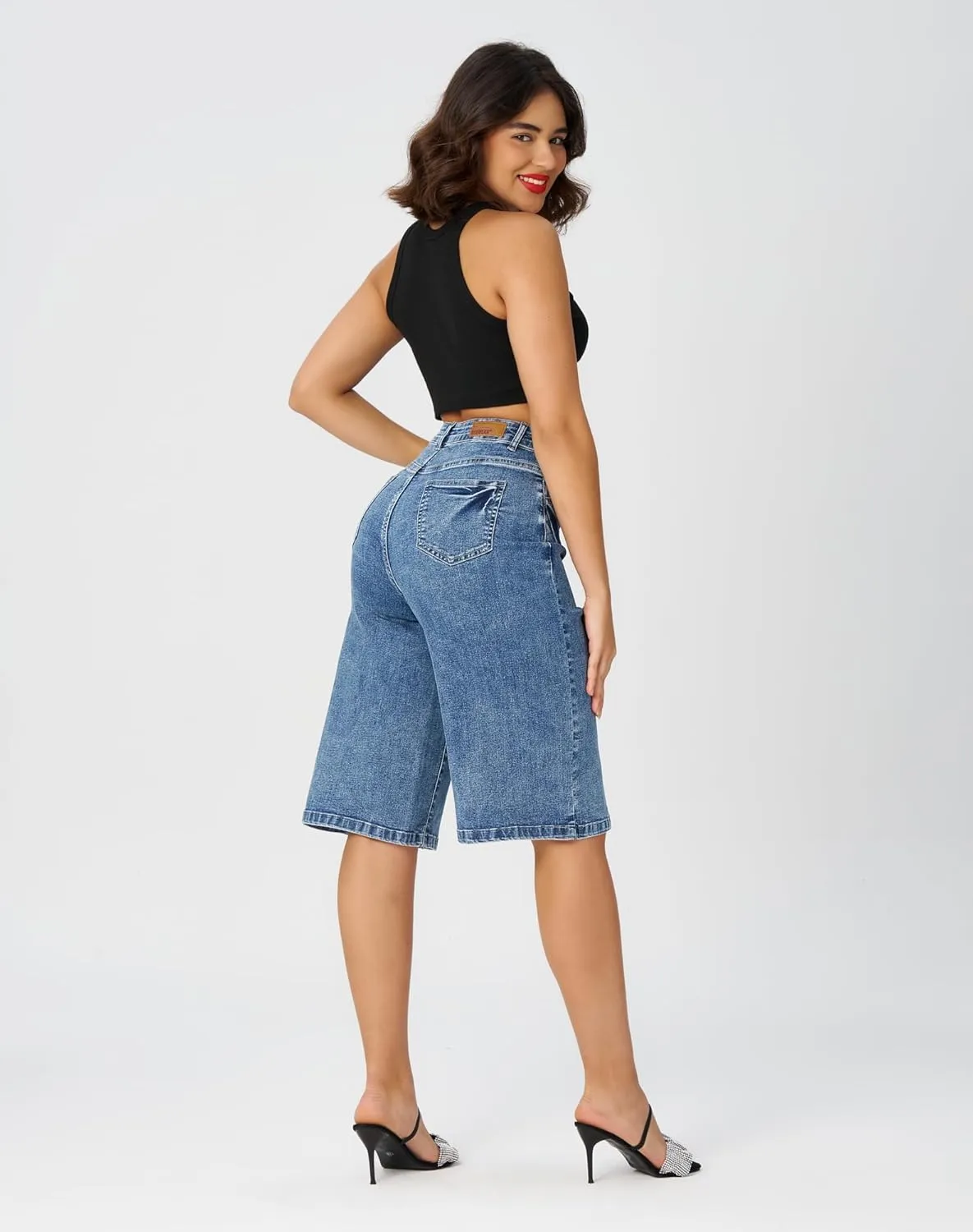 roswear Women's Baggy Jean Shorts High Waisted Stretchy Wide Leg Long Denim Bermuda Shorts