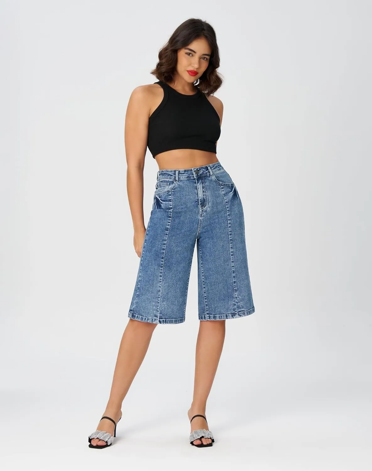 roswear Women's Baggy Jean Shorts High Waisted Stretchy Wide Leg Long Denim Bermuda Shorts