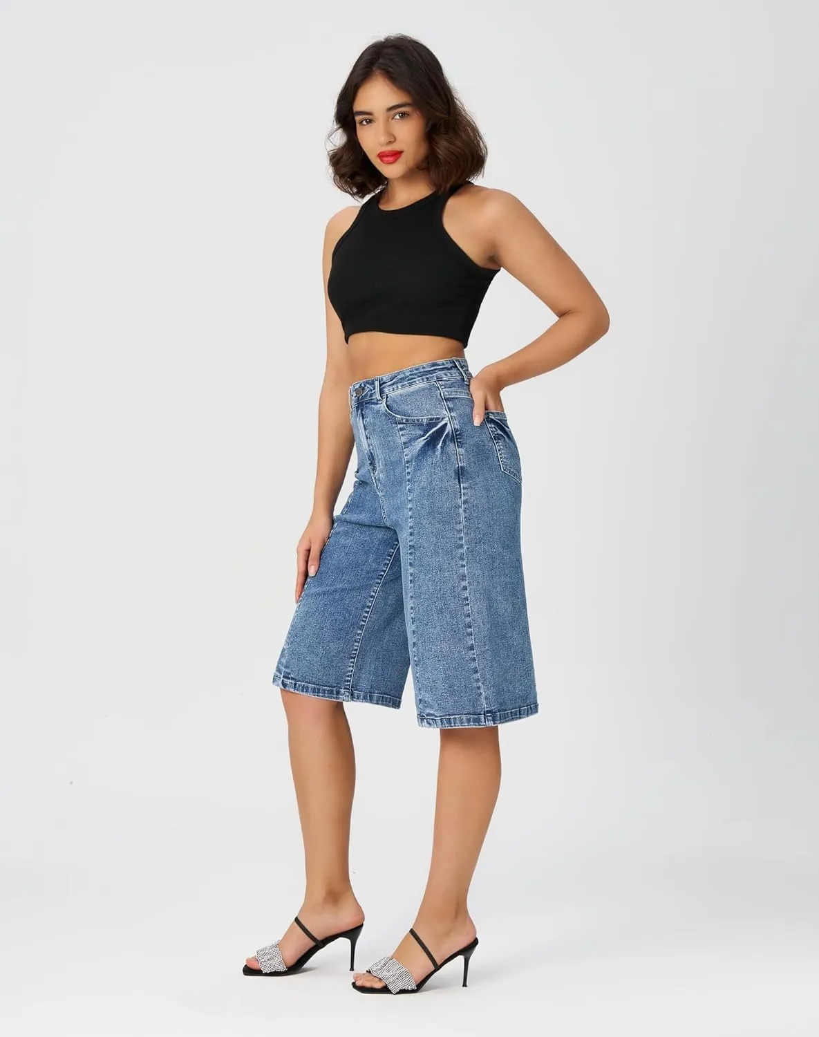 roswear Women's Baggy Jean Shorts High Waisted Stretchy Wide Leg Long Denim Bermuda Shorts