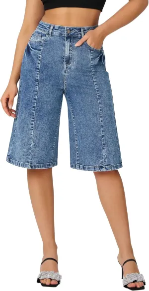 roswear Women's Baggy Jean Shorts High Waisted Stretchy Wide Leg Long Denim Bermuda Shorts