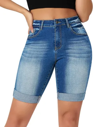 roswear Women's Mid Rise Bermuda Shorts Stretchy Long Rolled Hem Denim Jean Shorts