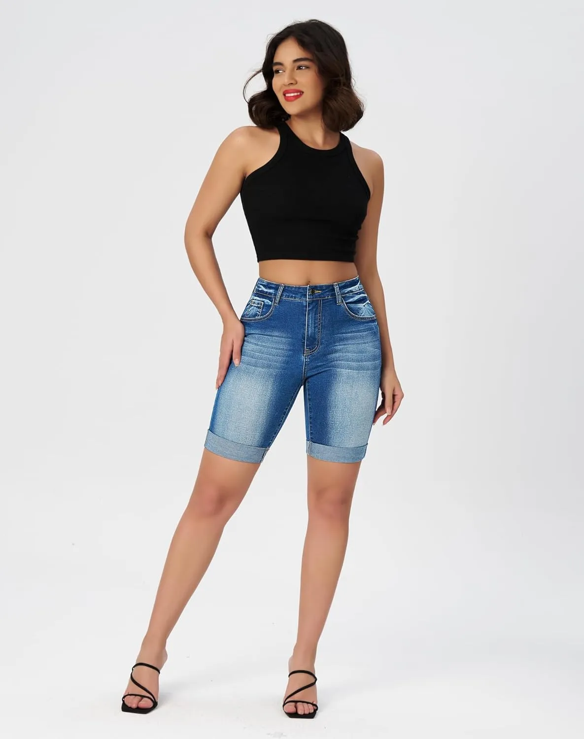 roswear Women's Mid Rise Bermuda Shorts Stretchy Long Rolled Hem Denim Jean Shorts