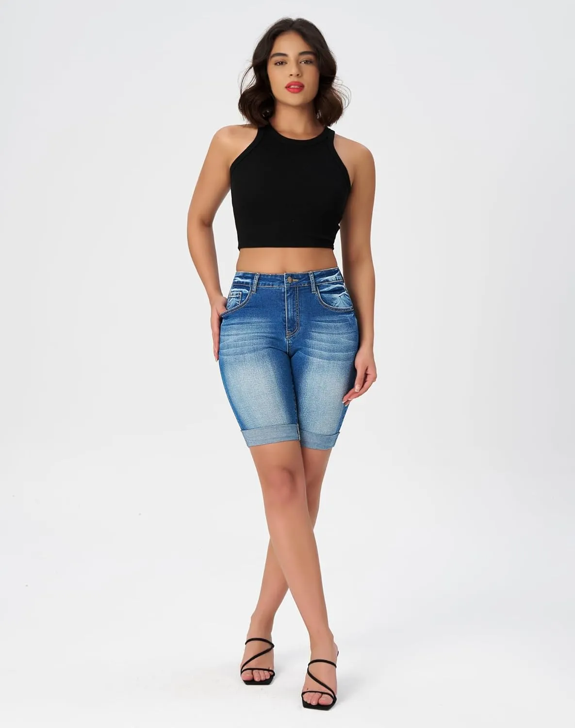 roswear Women's Mid Rise Bermuda Shorts Stretchy Long Rolled Hem Denim Jean Shorts